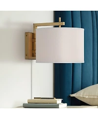 360 Lighting Adair Mid Century Modern Wall Lamp Warm Brass Metal Plug-in 12" Light Fixture Linen Drum Shade for Bedroom Reading Living Room Hallway