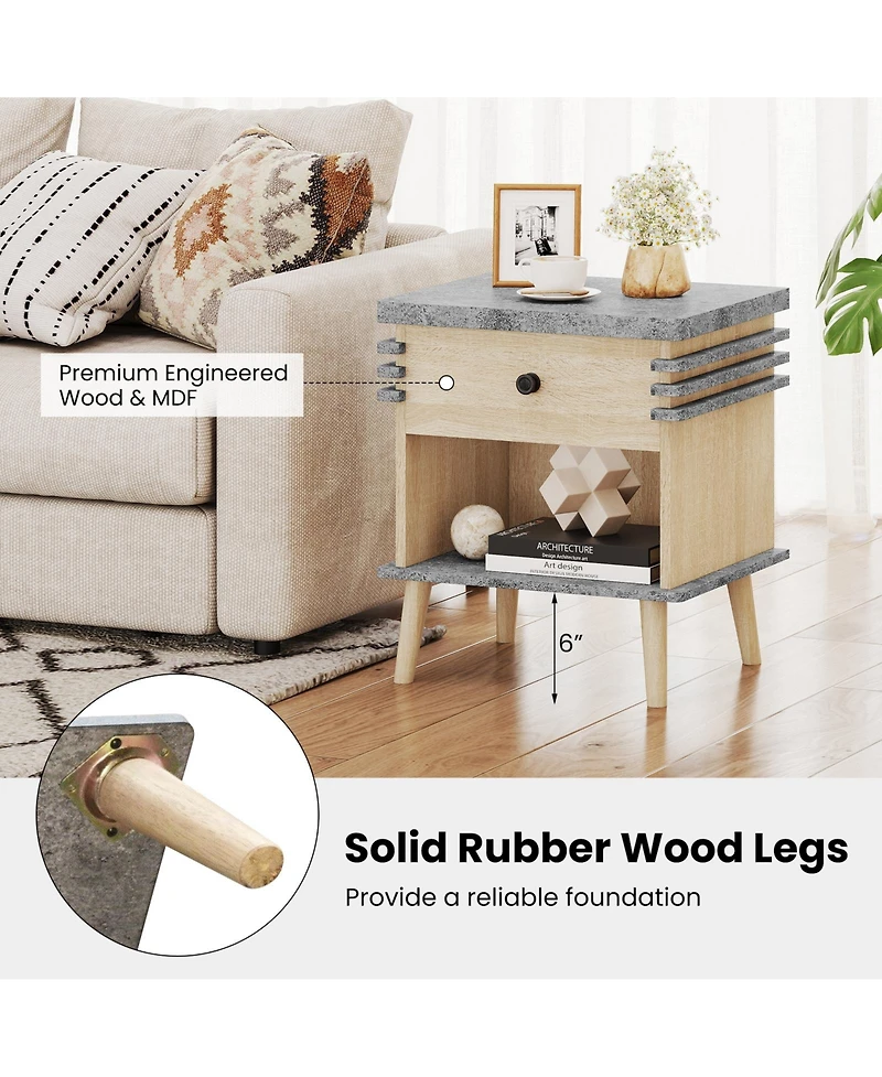 sumyeg 3-Tier Bedside Table Nightstand with Antique Grey Faux Marble Top