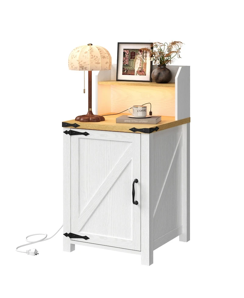 sumyeg Nightstand with Charging Station, 18" Farmhouse End Table with Barn Door and Adjustable Shelf