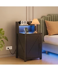 sumyeg Nightstand with Charging Station, 18" Farmhouse End Table Barn Door and Adjustable Shelf
