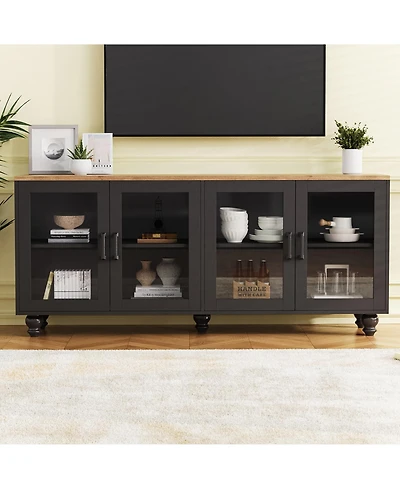 Rainsken Farmhouse Tv Stand for TVs Buffet Cabinet with Tempered Glass Doors, Adjustable Shelves and 5 Gourd-Shaped Legs for Living Room