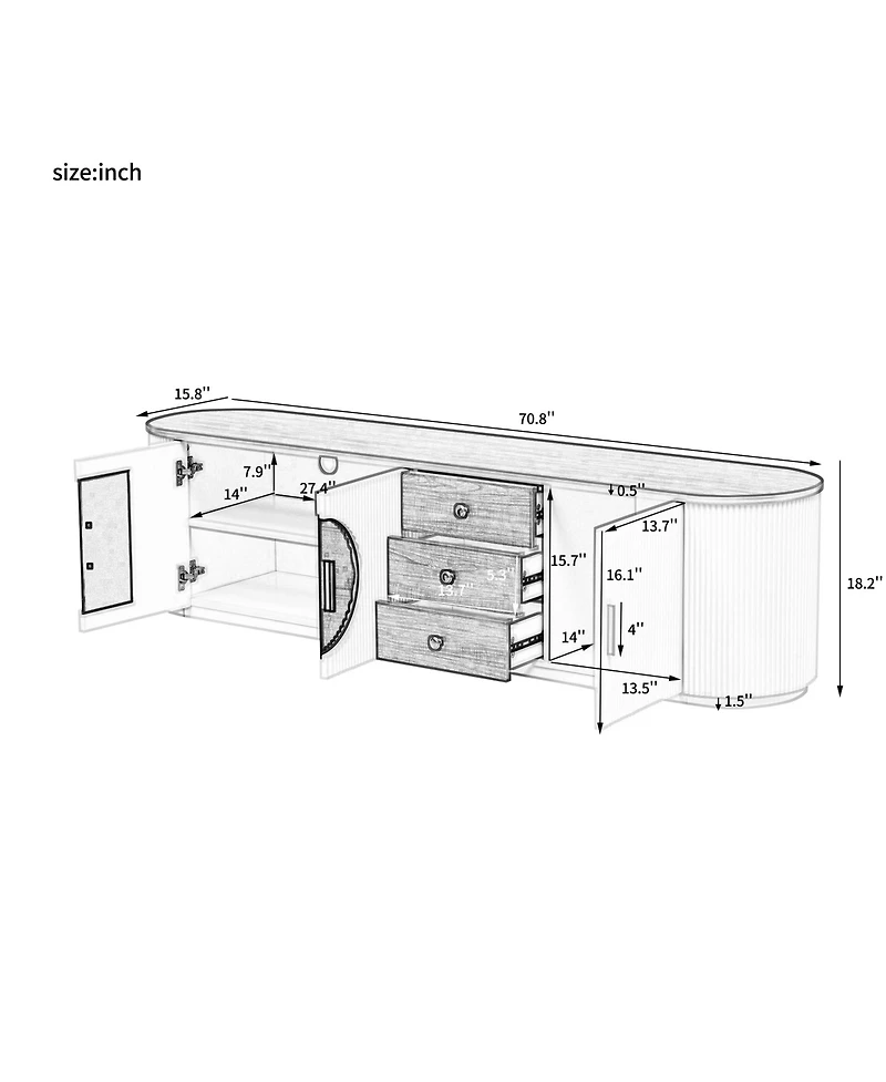 Rainsken Modern Tv Stand for TVs up to 80 Inches, Entertainment Center with 3 Drawers, 2 Cabinets and Metal Handles for Living room