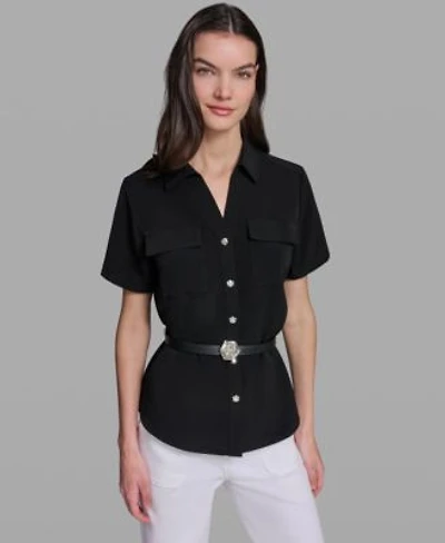 Karl Lagerfeld Paris Womens Belted Short Sleeve Top