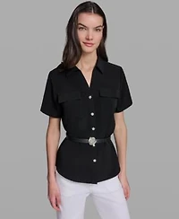 Karl Lagerfeld Paris Womens Belted Short Sleeve Top