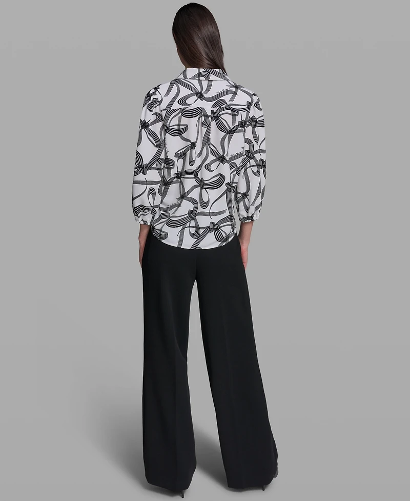 Karl Lagerfeld Paris Women's Bow Print Woven Collared Top