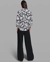 Karl Lagerfeld Paris Women's Bow Print Woven Collared Top