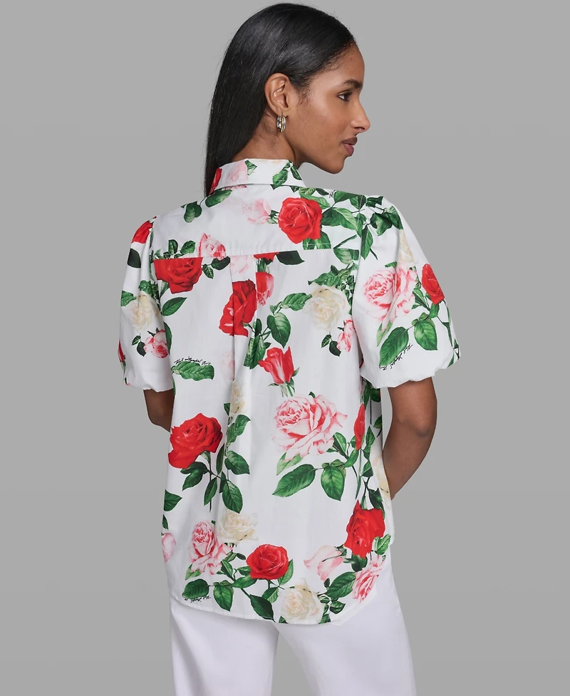 Karl Lagerfeld Paris Women's Printed Puff-Sleeve Collared Top