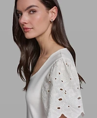 Karl Lagerfeld Paris Women's Eyelet Mix Media V-Neck Top