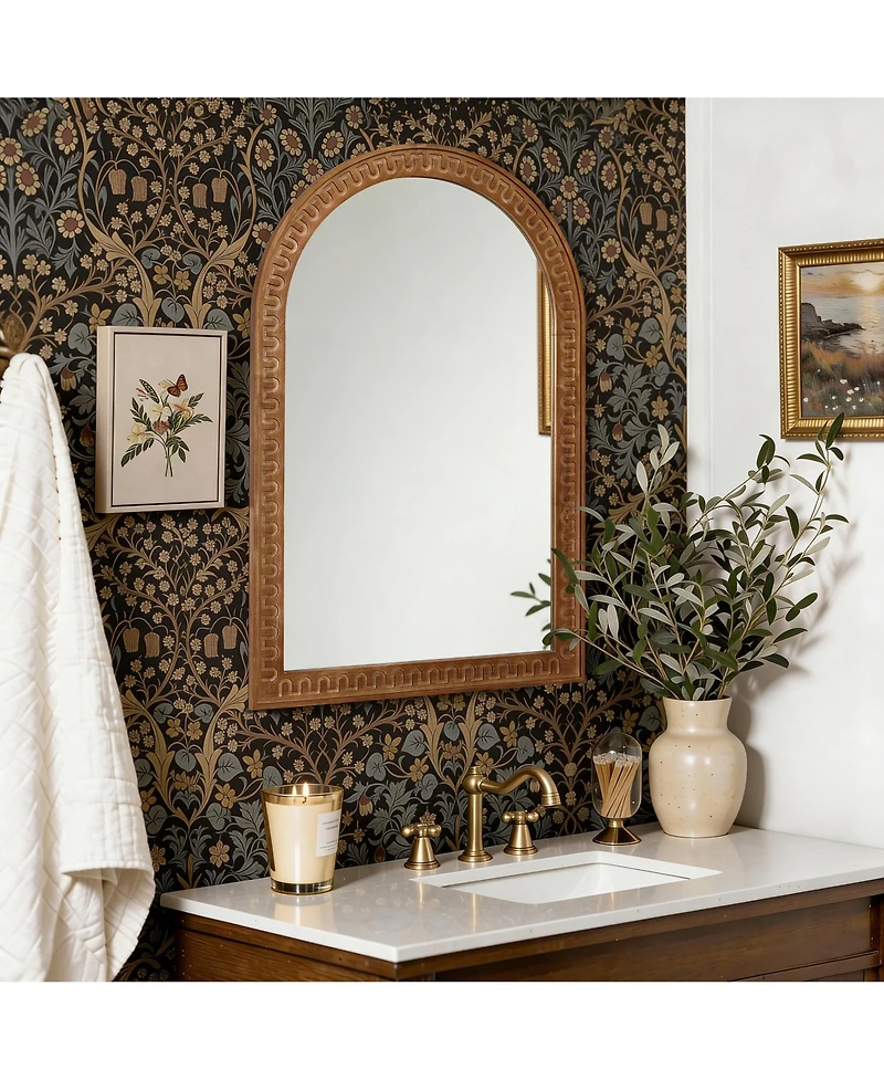 LuxenHome 39.4'' Arched Wall Mirror with Carved Rubberwood Frame, Modern Farmhouse Accent