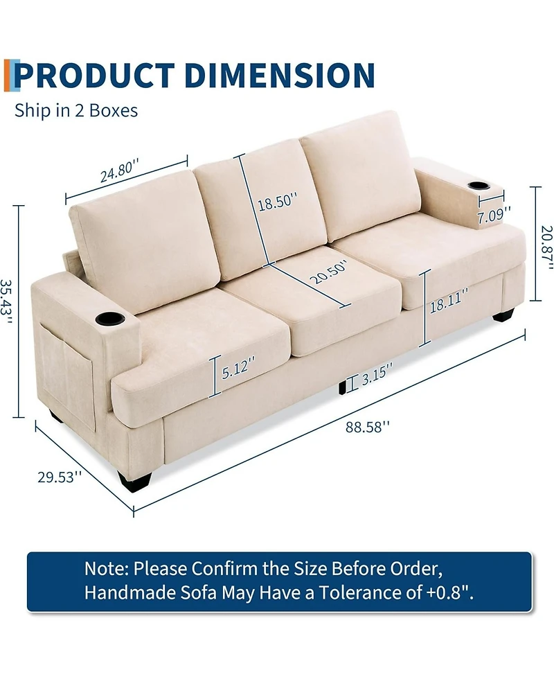 gaomon 89 Comfy Couches with Deep Seat, Modern 3-Seater Sofa Cup Holders and Side Storage Pockets for Living Room Apartment Lounge