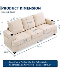 gaomon 89 Comfy Couches with Deep Seat, Modern 3-Seater Sofa Cup Holders and Side Storage Pockets for Living Room Apartment Lounge