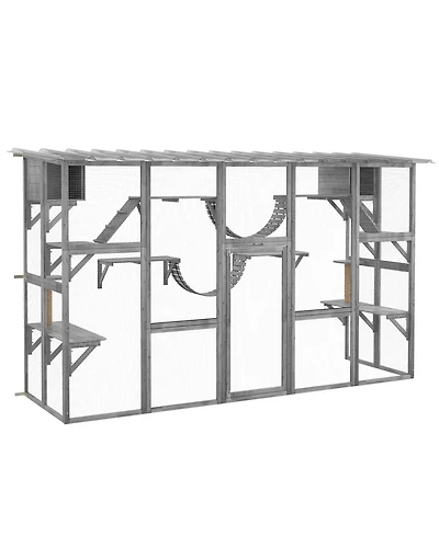 Zeus & Ruta Outdoor Wooden Cat Enclosure with Weatherproof Roof, Multi-Level Platforms, Bridges and Hideaways