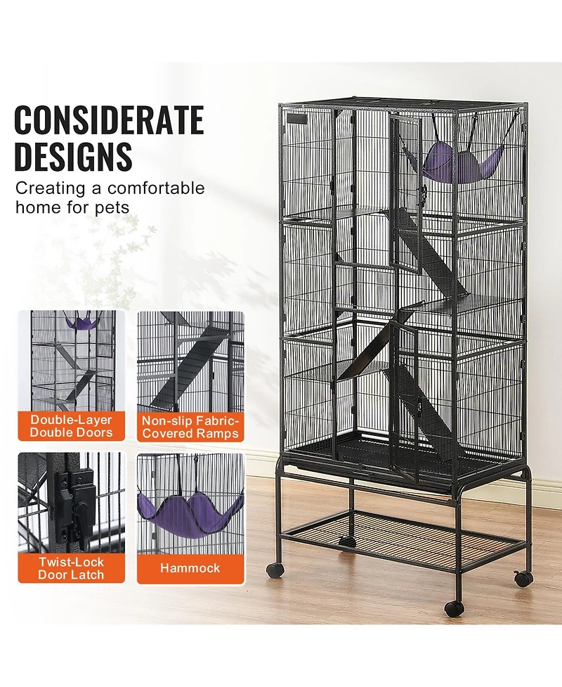 Zeus & Ruta 69 in. 4-Tier Metal Cat Enclosure with Rolling Base, Removable Tray, and 3 Ramps