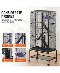 Zeus & Ruta 69 in. 4-Tier Metal Cat Enclosure with Rolling Base, Removable Tray, and 3 Ramps