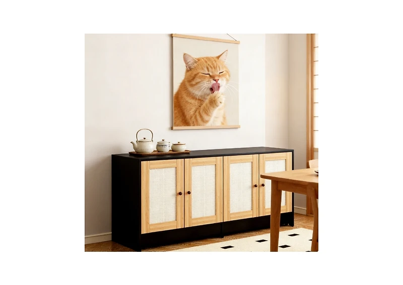 Zeus & Ruta Double-Cat Litter Enclosure Hidden Furniture with Rattan Doors, 47"L x 19.8"W x 21.8"H