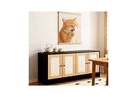 Zeus & Ruta Double-Cat Litter Enclosure Hidden Furniture with Rattan Doors, 47"L x 19.8"W x 21.8"H