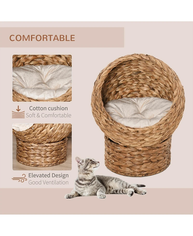 Zeus & Ruta Handwoven Cat Retreat: Elevated Bed with Soft Cushion and Egg-Shaped Design, Wicker Frame with Stand