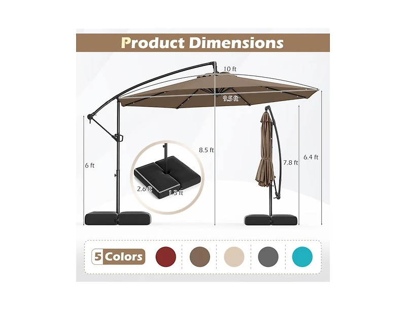 Clihome 10 Feet Solar Offset Hanging Umbrella with Base and 32 Led