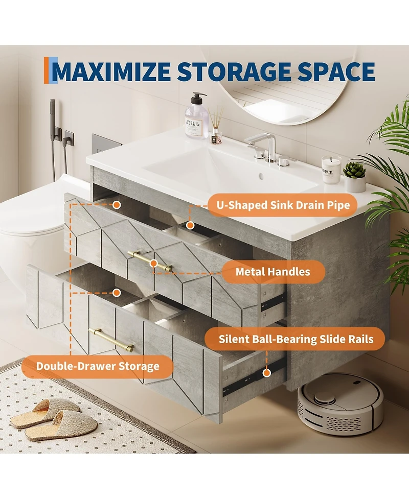 homfan Bathroom Cabinet with Sink Combo, Floating Vanity Ceramic Basin, 2 Large Drawers Gold Handle, Soft-Close Design