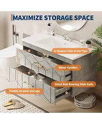 homfan Bathroom Cabinet with Sink Combo, Floating Vanity Ceramic Basin, 2 Large Drawers Gold Handle, Soft-Close Design