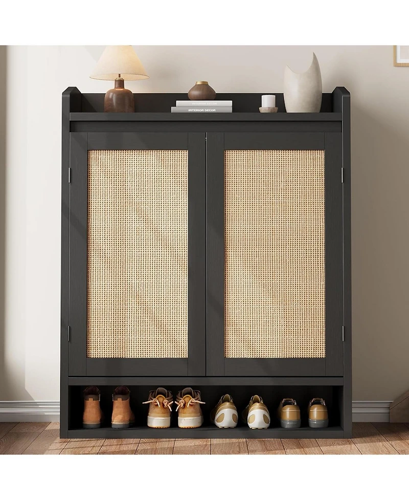 gaomon 5-Tier Wooden Shoe Cabinet with 2 Rattan Doors and Adjustable Shelves