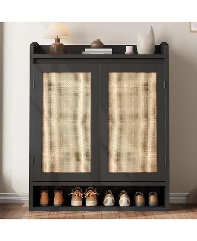 gaomon 5-Tier Wooden Shoe Cabinet with 2 Rattan Doors and Adjustable Shelves