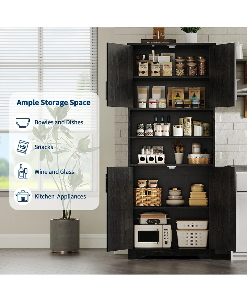 homfan 67" Tall Bathroom Cabinet, Freestanding Wooden Storage with 4 Doors, 2 Open Compartments, Adjustable Shelves, Microwave Stand