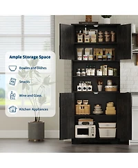 homfan 67" Tall Bathroom Cabinet, Freestanding Wooden Storage with 4 Doors, 2 Open Compartments, Adjustable Shelves, Microwave Stand