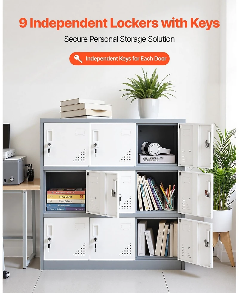 Gouun 9 Doors Metal Locker, Lockable Steel Storage Cabinet, 66 lbs Loading Capacity, 2 Keys for Each Door, 3 Tiers Employee Lockers for Office, School