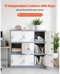 Gouun 9 Doors Metal Locker, Lockable Steel Storage Cabinet, 66 lbs Loading Capacity, 2 Keys for Each Door, 3 Tiers Employee Lockers for Office, School