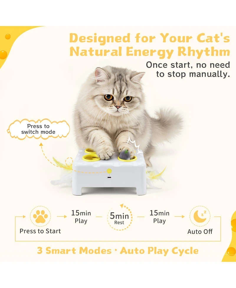 Aronkl Cheese Box Interactive Cat Toy 3-in-1 Whack A Mole 3 Modes Rechargeable Auto 4 Holes Accessories