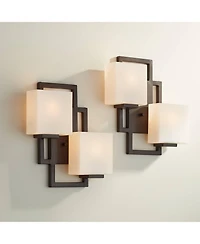 Possini Euro Design Modern Wall Light Sconces Set of 2 Bronze Hardwired High 2-Light Fixture Square Opal Glass for Bedroom