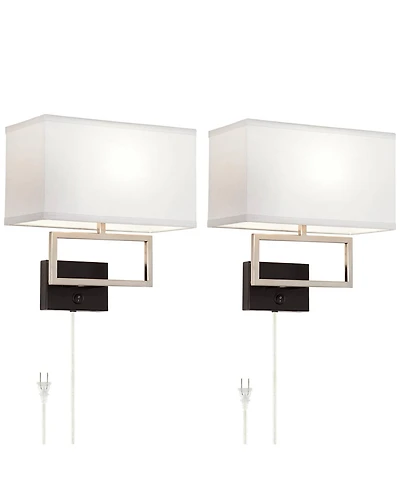 Possini Euro Design Trixie Modern Wall Lamps Set of 2 Brushed Nickel Plug-in Light Fixture Rectangular Fabric Shade for Bedroom Living Room Home