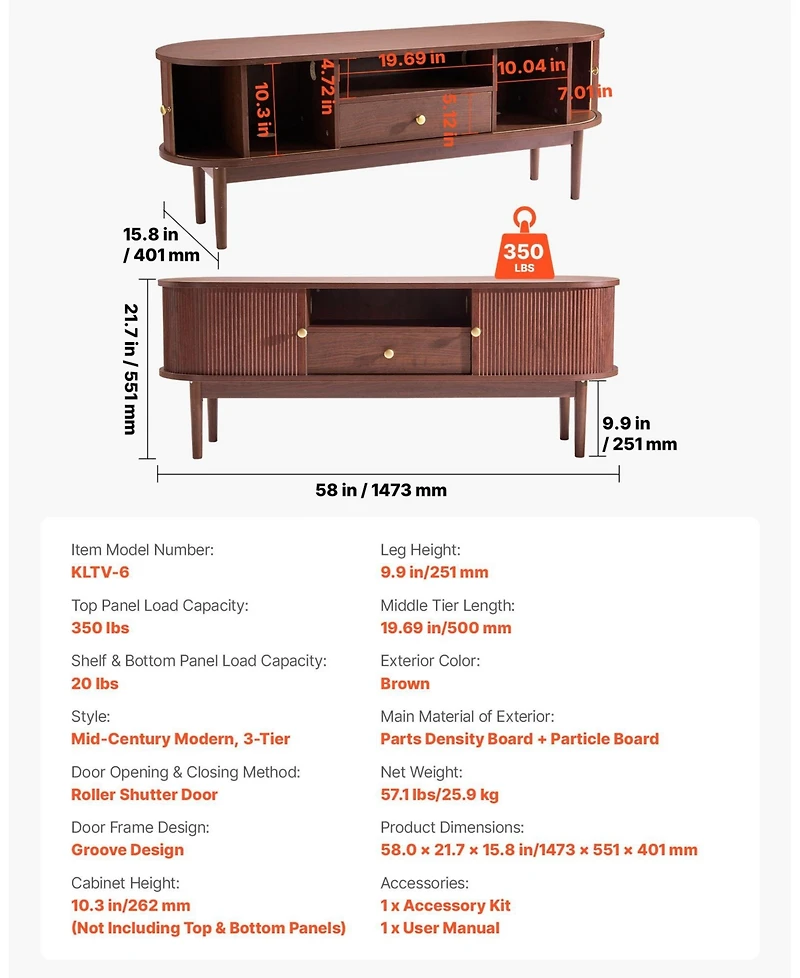 Gouun Mid-Century Modern 58-Inch Rolling Door Tv Stand with Drawer
