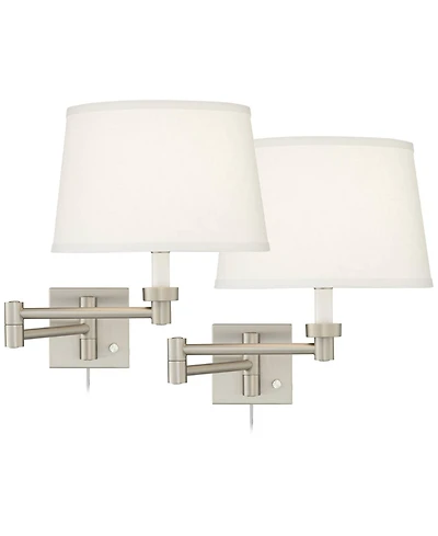 Possini Euro Design Modern Swing Arm Wall Lamps Set of 2 Brushed Nickel Plug-In Light Fixture White Drum Shade for Bedroom Bedside