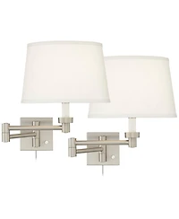 Possini Euro Design Modern Swing Arm Wall Lamps Set of 2 Brushed Nickel Plug-In Light Fixture White Drum Shade for Bedroom Bedside