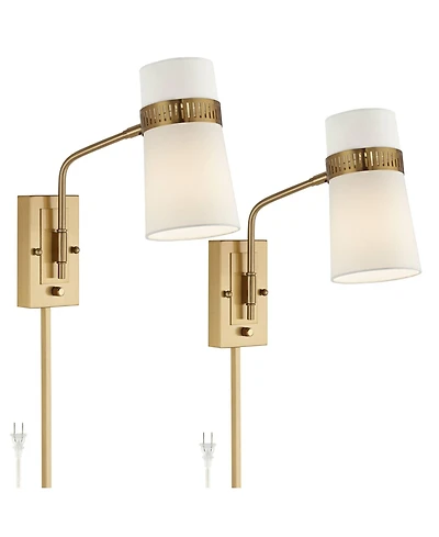 Possini Euro Design Cartwright Modern Wall Lamp Set of 2 Brass Plug-In 6" Fixture Swing Arm Linen Cylinder Shade for Bedroom