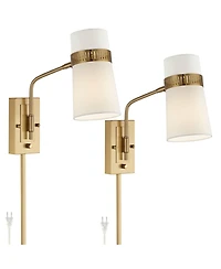 Possini Euro Design Cartwright Modern Wall Lamp Set of 2 Brass Plug-In 6" Fixture Swing Arm Linen Cylinder Shade for Bedroom