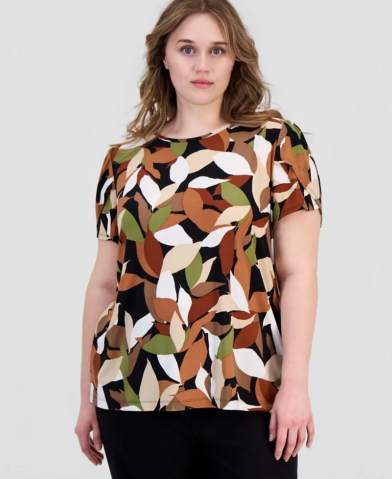 Anne Klein Essentials Plus Size Printed Tulip-Sleeve Top