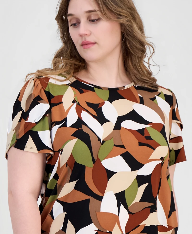 Anne Klein Essentials Plus Size Printed Tulip-Sleeve Top