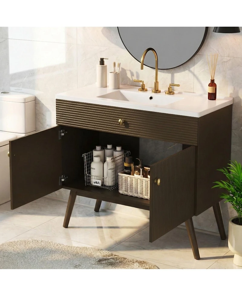 Sillysis 36 Inch Modern Freestanding Bathroom Vanity with Soft Close Doors, Striped Cabinet and Ceramic Sink for Luxury Storage