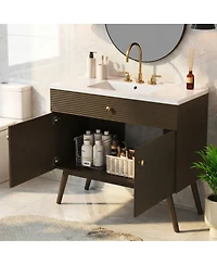 Sillysis 36 Inch Modern Freestanding Bathroom Vanity with Soft Close Doors, Striped Cabinet and Ceramic Sink for Luxury Storage