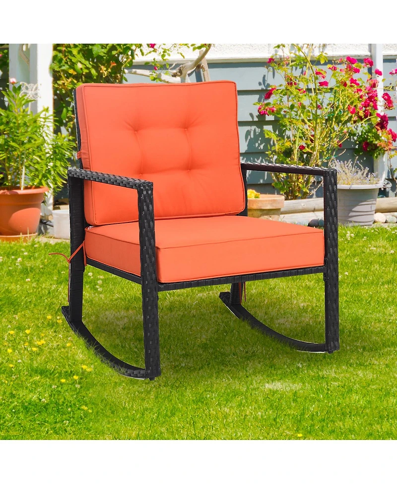 Gymax Outdoor Wicker Rocking Chair Patio Lawn Rattan Single Chair Glider w/ Cushion