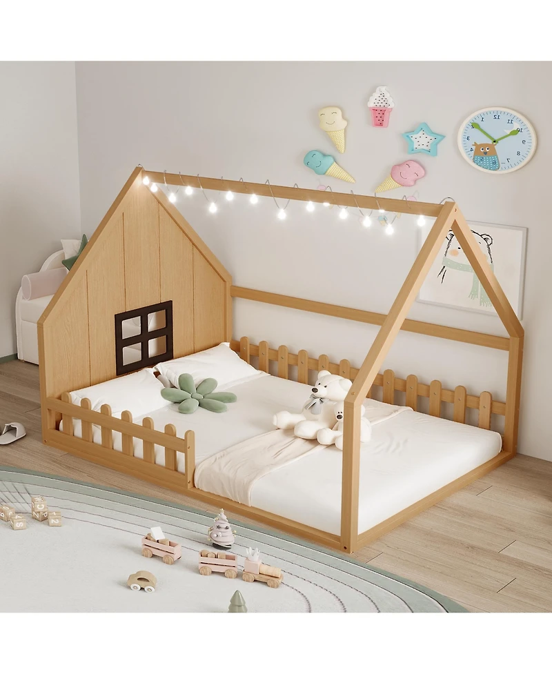 flynama Full Size Wood House Bed Window Fence