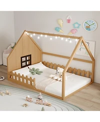 flynama Full Size Wood House Bed Window Fence