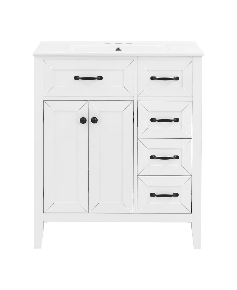 Sillysis 30 Inch Bathroom Vanity with Sink, Modern Freestanding Cabinet, Solid Wood Legs, Ceramic Top and 3 Drawers Storage
