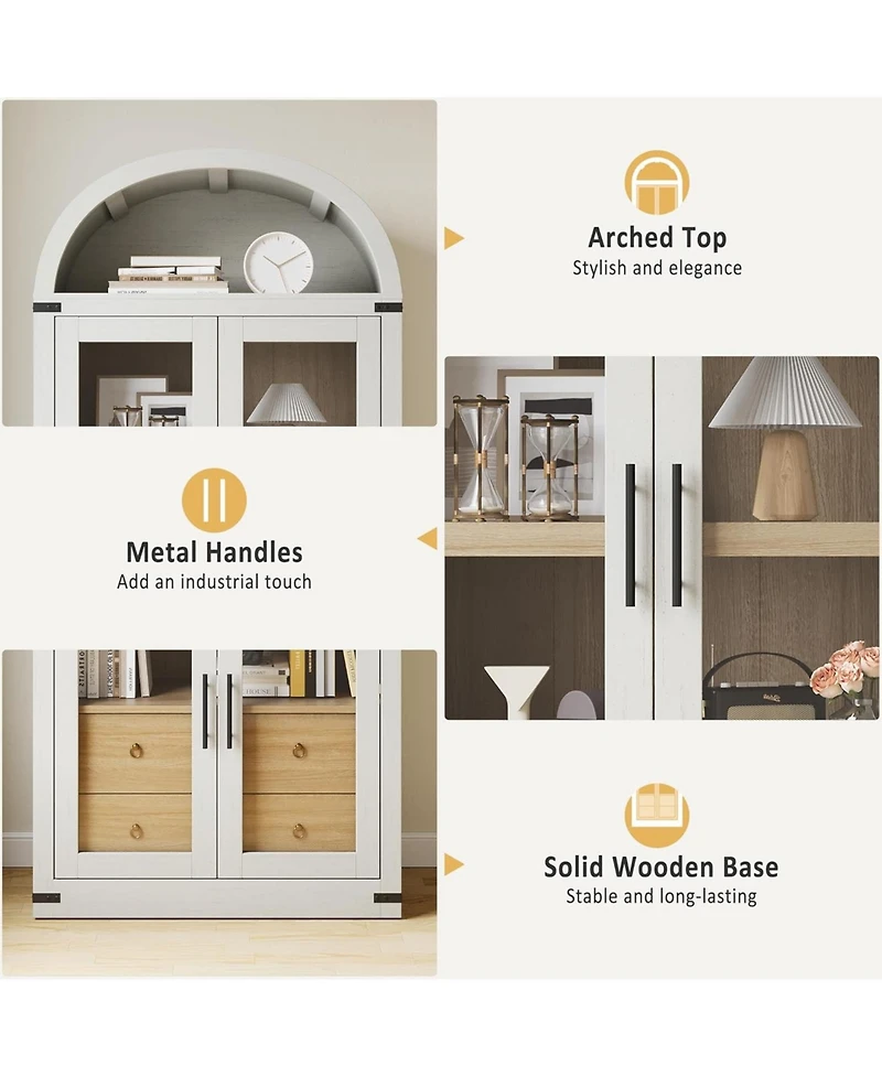 gaomon Arched Farmhouse Bookshelf with Glass Doors and Drawers, Display Cabinet with Metal Corners