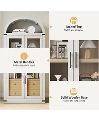 gaomon Arched Farmhouse Bookshelf with Glass Doors and Drawers, Display Cabinet with Metal Corners