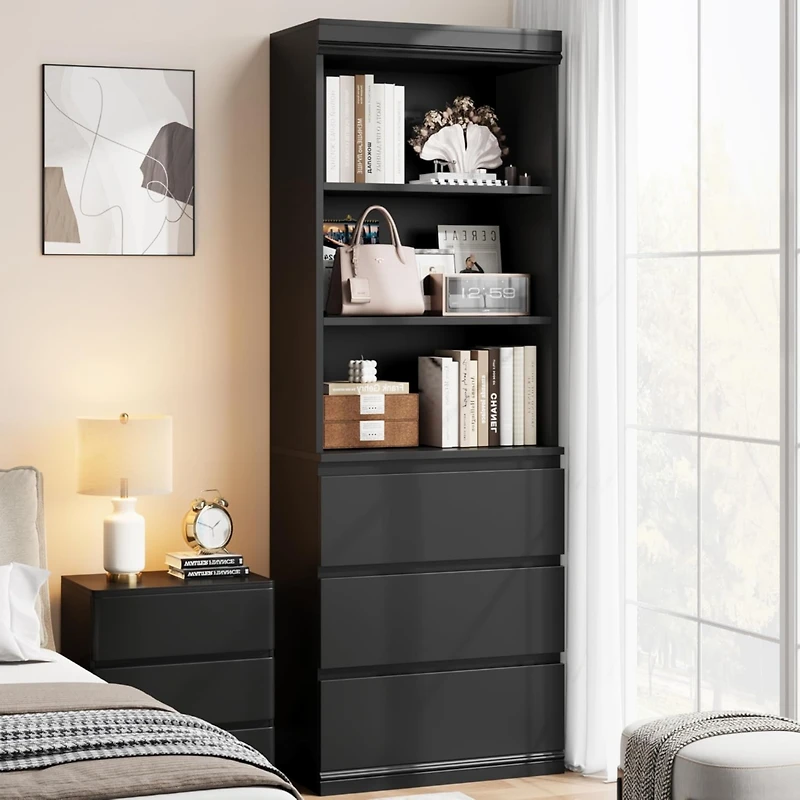 gaomon Tall Modern Black Bookcase with 3 Open Shelves and 3 Drawers, Deep Storage Cabinet