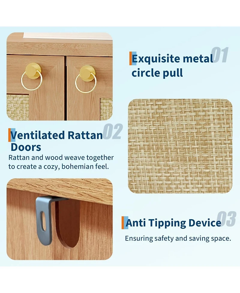 gaomon Rattan Shoe Cabinet for Entryway, Farmhouse Boho 5 Tier Rack Freestanding Wood Storage with Adjustable Shelves